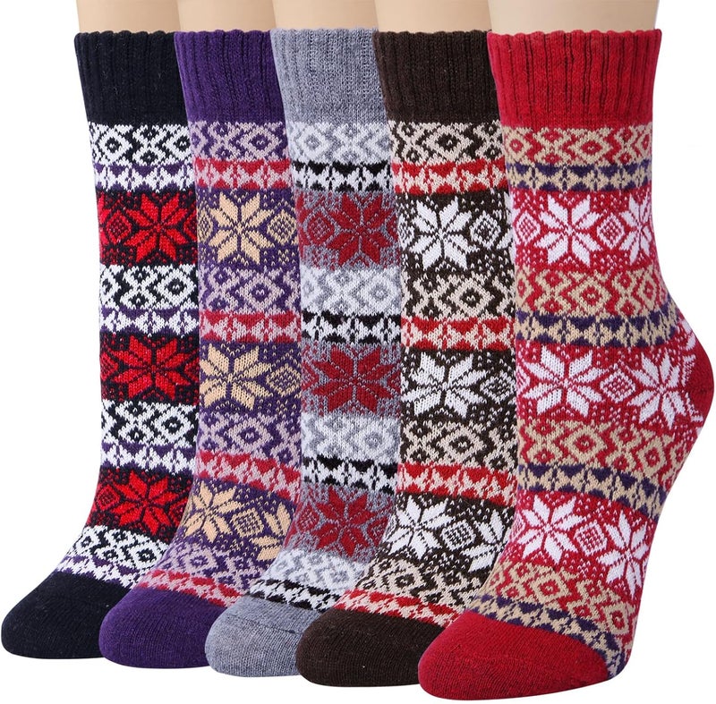Luckam 5 Pairs Wool Socks for Women Gifts Vintage Winter Warm Thick Knit Cabin Cozy Crew Socks - Image 1