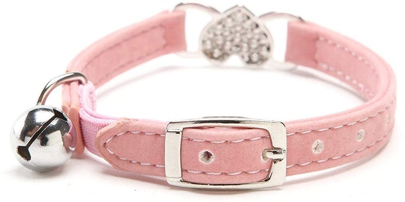 CHUKCHI Pink Soft Velvet Safe Cat Adjustable Collar with Crystal Heart Charm and Bells 8-11 Inches(Black+Pink) - Image 2