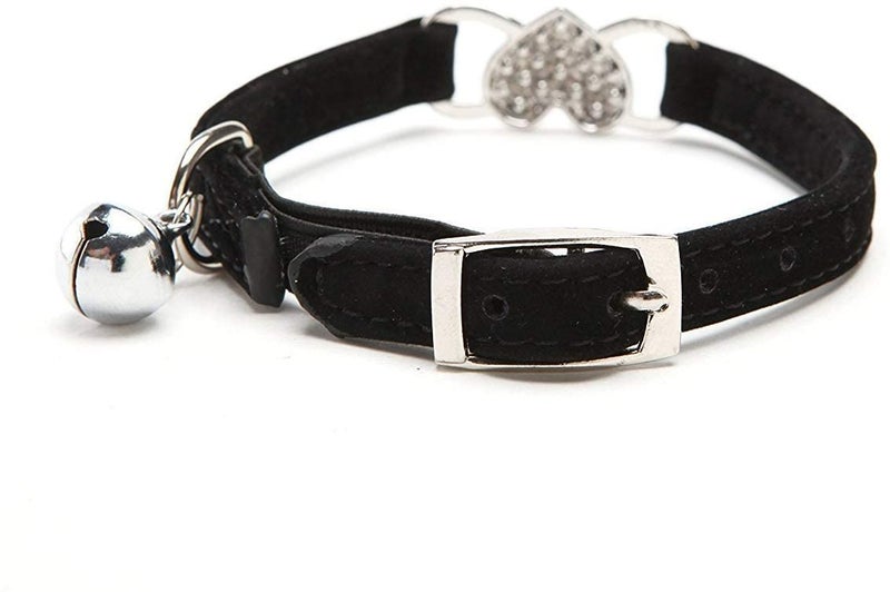 CHUKCHI Pink Soft Velvet Safe Cat Adjustable Collar with Crystal Heart Charm and Bells 8-11 Inches(Black+Pink) - Image 3
