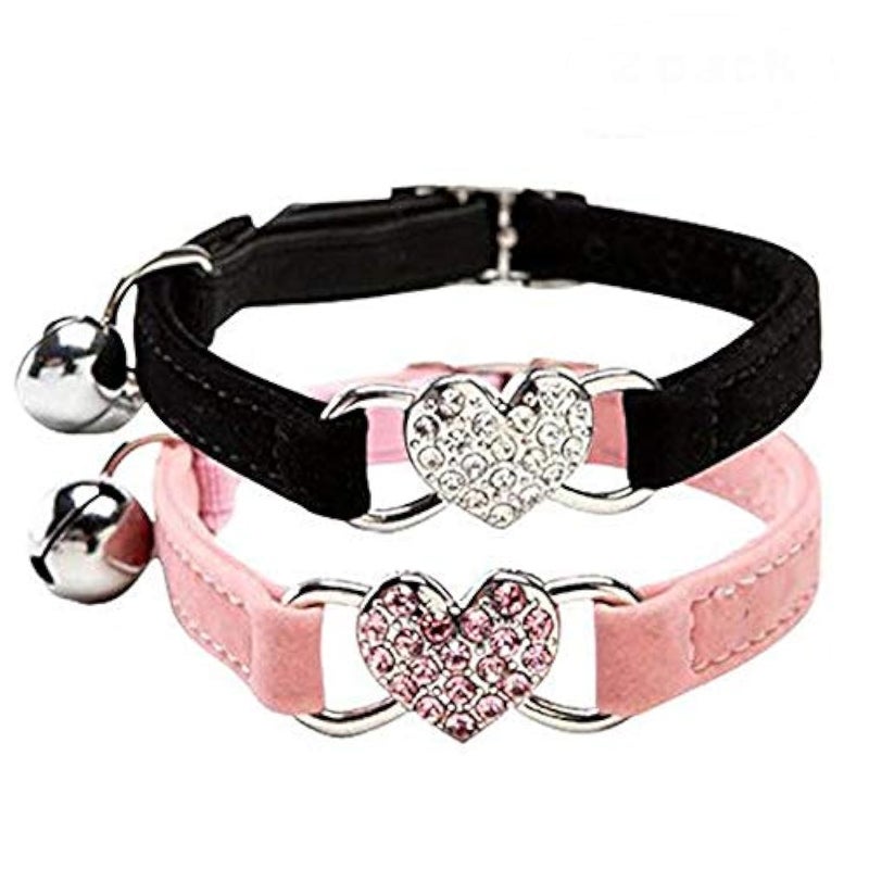 CHUKCHI Pink Soft Velvet Safe Cat Adjustable Collar with Crystal Heart Charm and Bells 8-11 Inches(Black+Pink) - Image 1