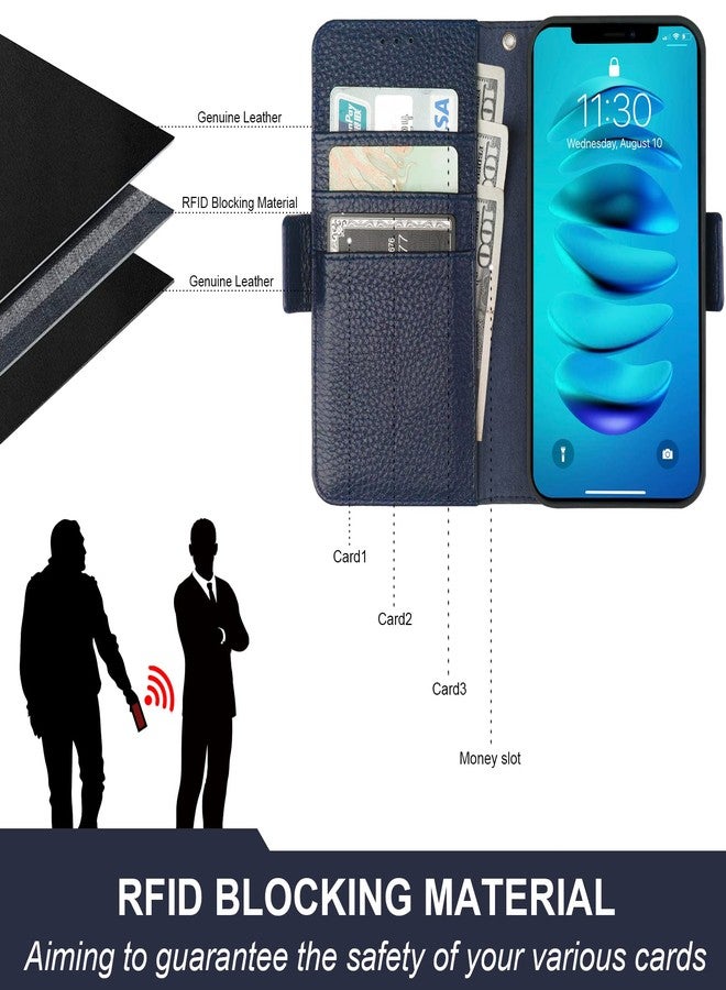 Bocasal Wallet Case for iPhone 14 Pro Max 5G, Genuine Leather Support Wireless Charging RFID Blocking Flip Case Card Slots Holder, Kickstand Folio Cover with Wrist Strap 6.7 Inch (Royal Blue) - Image 3