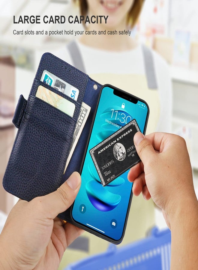 Bocasal Wallet Case for iPhone 14 Pro Max 5G, Genuine Leather Support Wireless Charging RFID Blocking Flip Case Card Slots Holder, Kickstand Folio Cover with Wrist Strap 6.7 Inch (Royal Blue) - Image 4