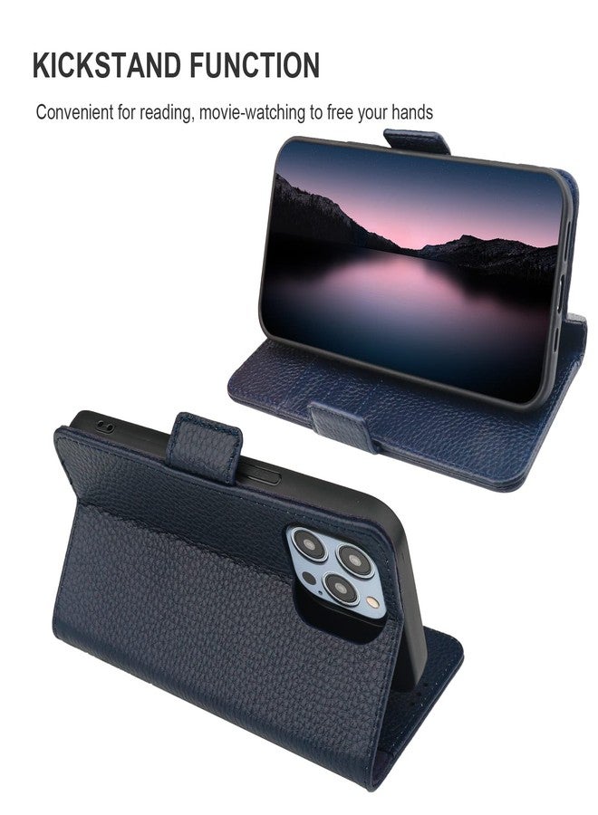 Bocasal Wallet Case for iPhone 14 Pro Max 5G, Genuine Leather Support Wireless Charging RFID Blocking Flip Case Card Slots Holder, Kickstand Folio Cover with Wrist Strap 6.7 Inch (Royal Blue) - Image 5