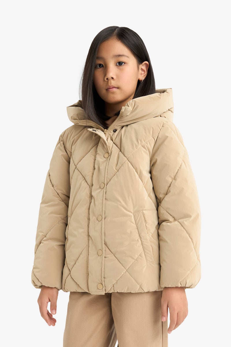DeFacto Beige Girl Hooded Puffer Jacket Casual - Image 3