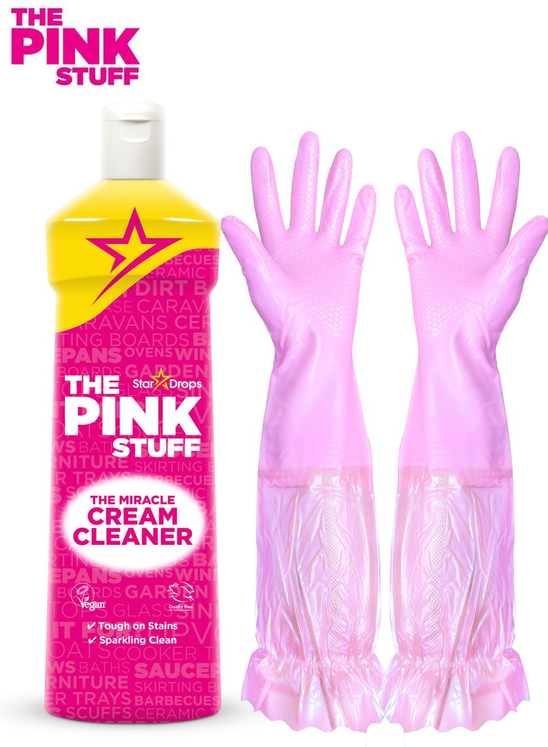 ذا بينك ستاف كريم التنظيف السحري من ذا بينك ستاف 500 مل مع قفاز تنظيف وردي سيليكون بطول 50 سم (قطعتان) لإزالة الدهون والأوساخ وتنظيف المطبخ والأسطح بفعالية عالية - Image 1