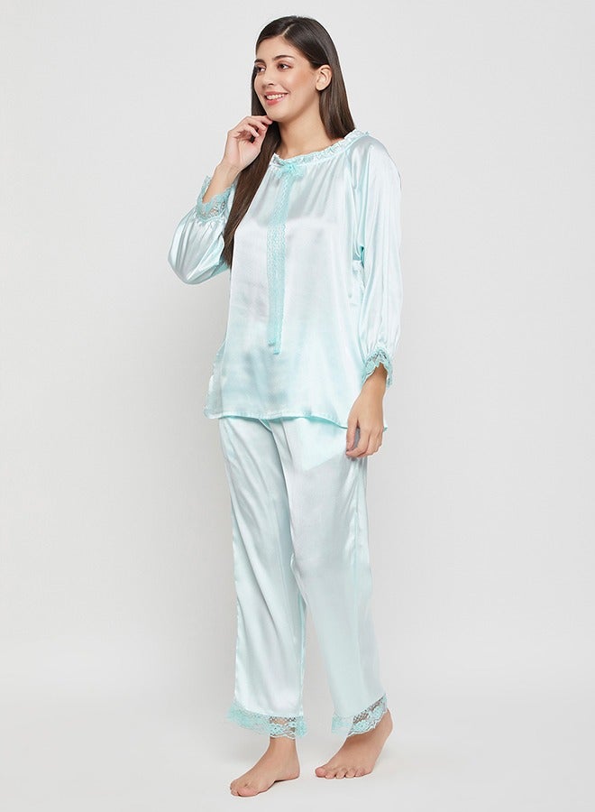 Clovia Chic Basic Top & Pyjama Set in Baby Blue - Satin - Image 2