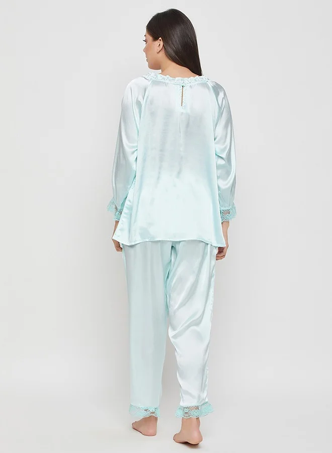 Clovia Clovia Chic Basic Top & Pyjama Set in Baby Blue - Satin