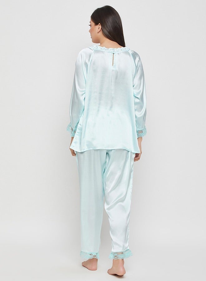 Clovia Chic Basic Top & Pyjama Set in Baby Blue - Satin - Image 4