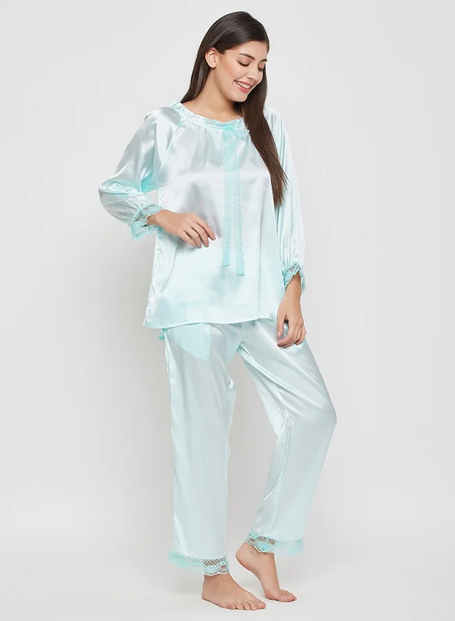 Clovia Clovia Chic Basic Top & Pyjama Set in Baby Blue - Satin