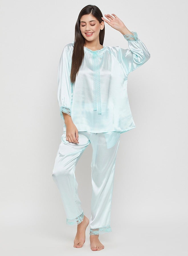 Clovia Chic Basic Top & Pyjama Set in Baby Blue - Satin - Image 1