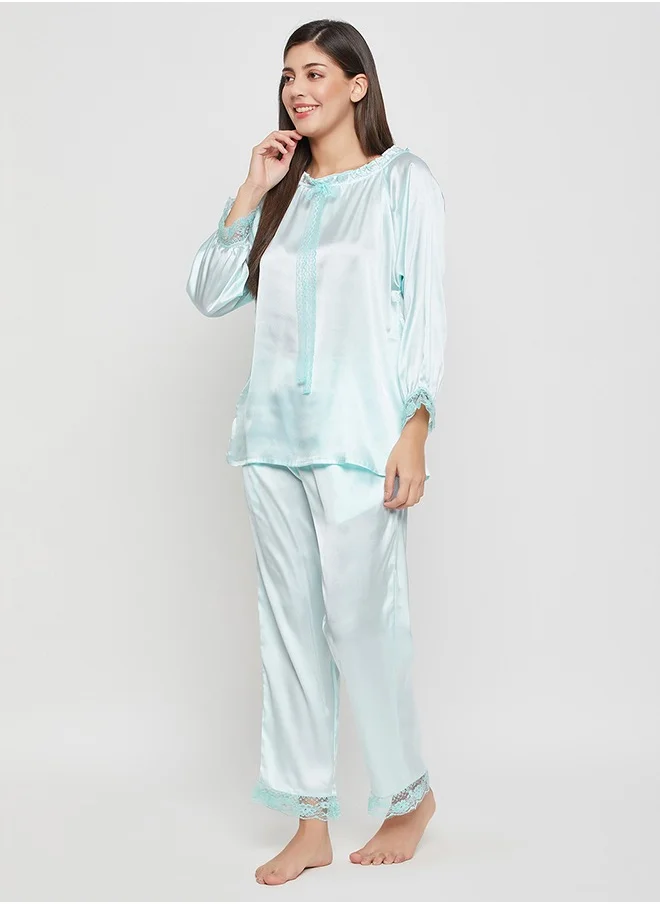 Clovia Clovia Chic Basic Top & Pyjama Set in Baby Blue - Satin