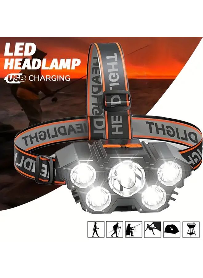 مصباح أمامي LED قابل لإعادة الشحن عبر USB، 5 أوضاع إضاءة، مصباح يدوي عملي للإضاءة الحرة للتخييم وحالات الطوارئ والعمل - Image 2