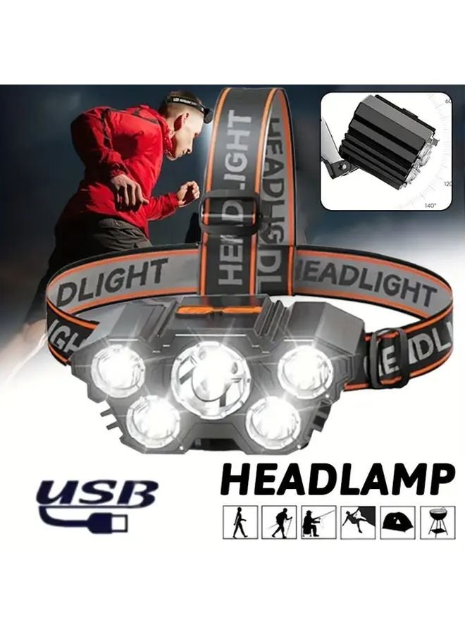 مصباح أمامي LED قابل لإعادة الشحن عبر USB، 5 أوضاع إضاءة، مصباح يدوي عملي للإضاءة الحرة للتخييم وحالات الطوارئ والعمل - Image 4