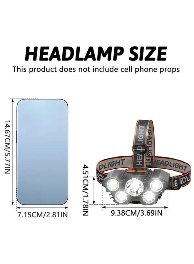 مصباح أمامي LED قابل لإعادة الشحن عبر USB، 5 أوضاع إضاءة، مصباح يدوي عملي للإضاءة الحرة للتخييم وحالات الطوارئ والعمل - Image 5