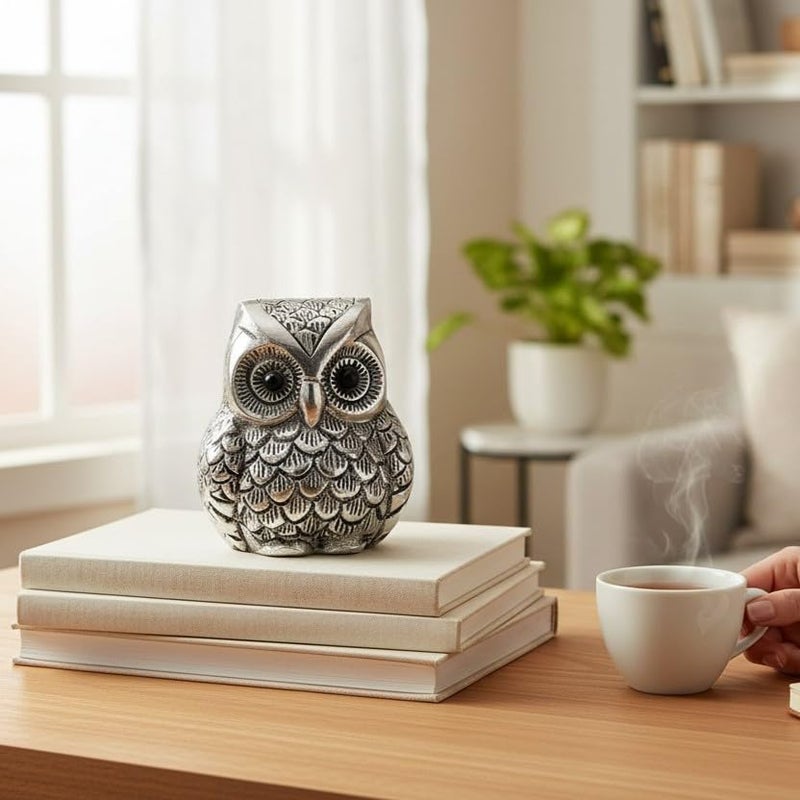 KridayKraft Vintage Metal Owl Showpiece and Paper Weight Metal Handicraft Idol for Home Decor and Office, 8 x 9 Cm, Silver - Image 1