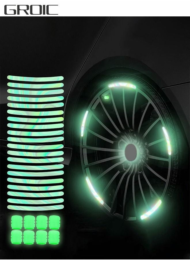 GROIC 40PCS Car Wheel Hub Reflective Sticker Night Driving Safety Warning Strip, Glow in The Dark Car Wheel Rim Tape Reflective Stripes Decals Stickers with 8PCS Luminous Valve Cap,Car Decoration  - Image 1