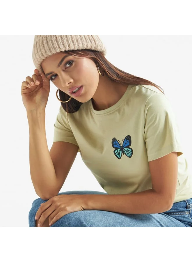 Splash FAV Butterfly Print T-shirt with Crew Neck and Short Sleeves