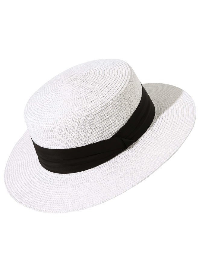 Lanzom Sun Hats for Women Wide Brim Straw Boater Hat Foldable Packable Beach Hat for Summer Fit Size 6 8/7-7 1/4, White, M - Image 1