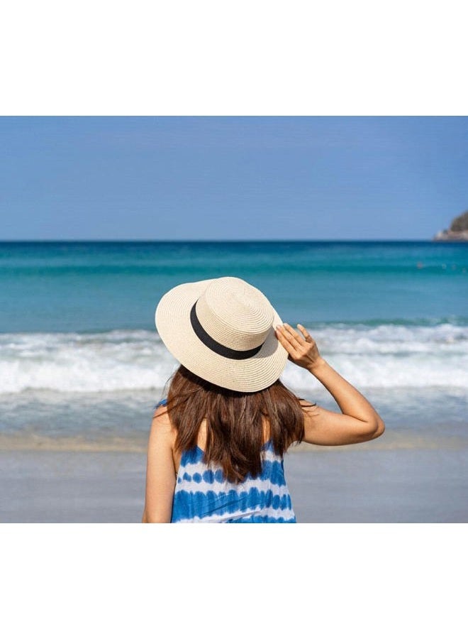 Lanzom Sun Hats for Women Wide Brim Straw Boater Hat Foldable Packable Beach Hat for Summer Fit Size 6 8/7-7 1/4, White, M - Image 5