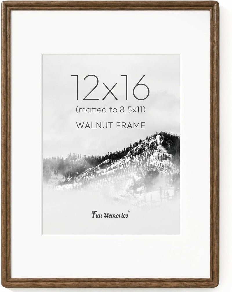 Fun Memories 12x16 Picture Frame, Solid Walnut Wood Picture Frame 12 x 16 for Poster Display, 12x16 Frame with High Tempered Glass, Wooden Frame Matted to 8.5x11 Photo, Hanging Hardware Included, Set of 1 - Image 1
