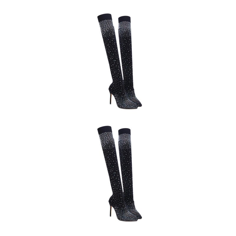 2pcs High Heel Over Knee Boots Bright Boots Women Rhinestone (Black Size 38 EU38 US9 UK4.5) - Image 1