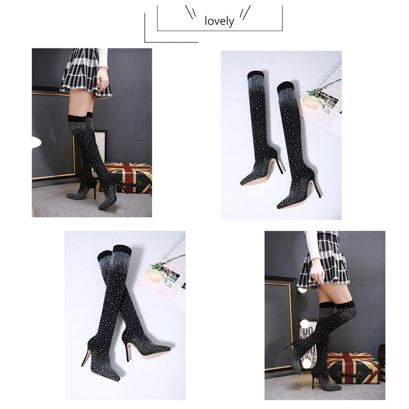 2pcs High Heel Over Knee Boots Bright Boots Women Rhinestone (Black Size 38 EU38 US9 UK4.5) - Image 3