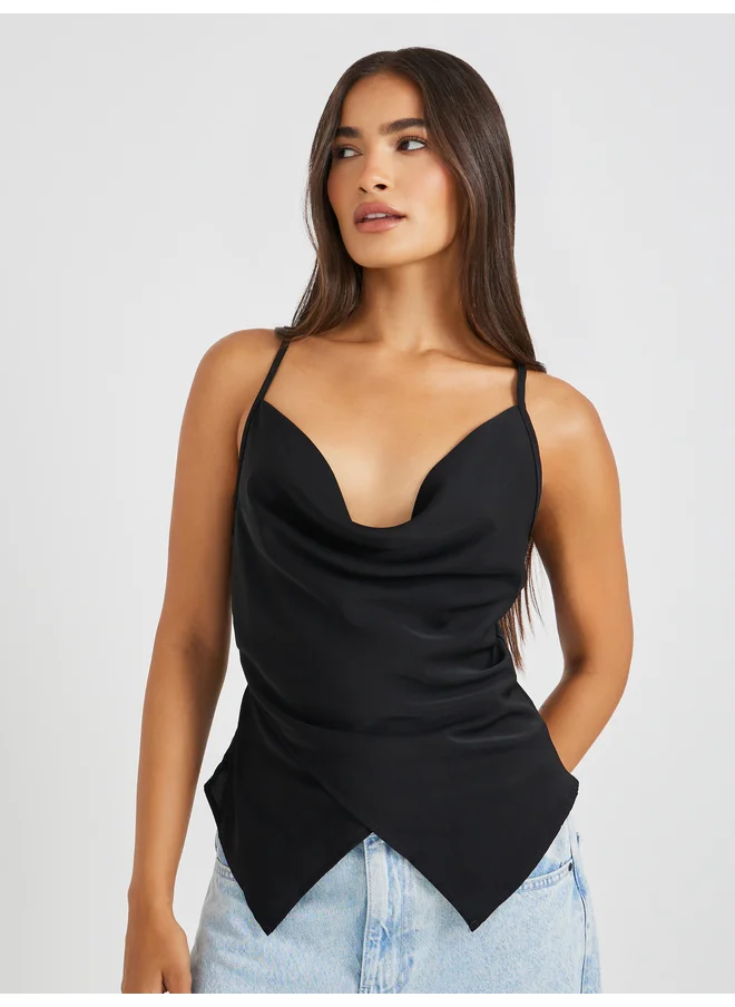 Styli Styli Cowl Neck Strappy Asymmetric Hem Top
