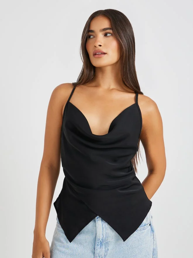Styli Cowl Neck Strappy Asymmetric Hem Top