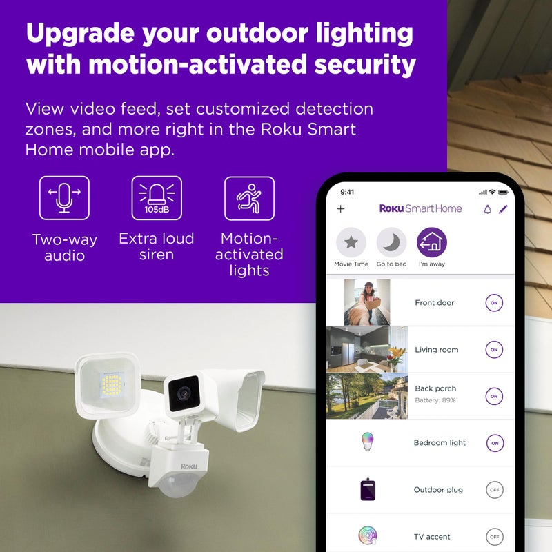 Roku Floodlight Camera for Home Security, Wired Outdoor Security Camera with 270Â° 1080p HD Night Vision, Dimmable Floodlights, Motion & Sound Detection, Remote Monitoring, 90-Day Subscription Included - Image 2