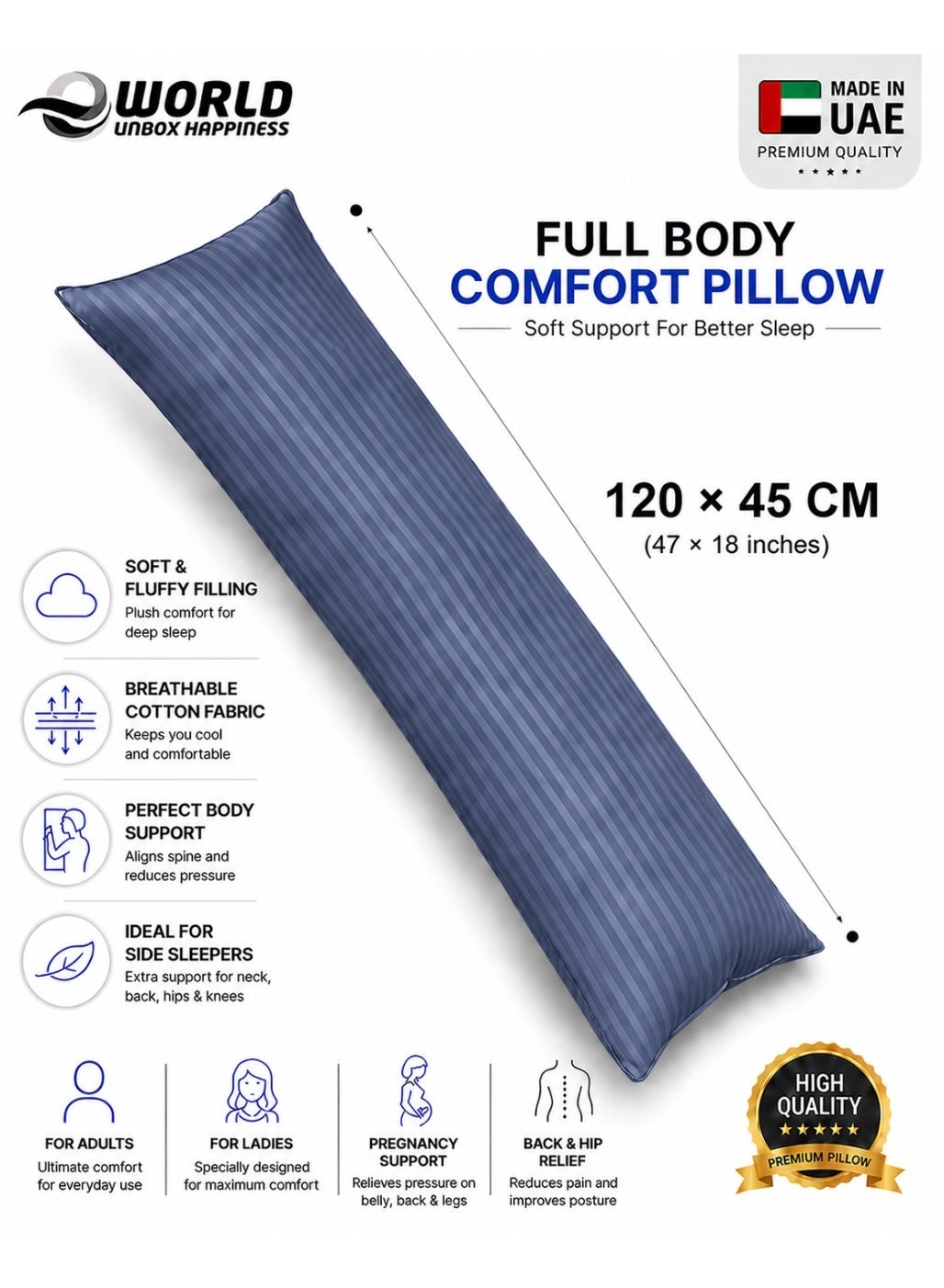 Premium Full Body Pillow for Adults, Ultra-Smooth Polyester Fiber, Breathable & Ideal for Side Sleepers, with Ultra-Soft Cotton Cover, Available in Multiple Colors, 20x54".