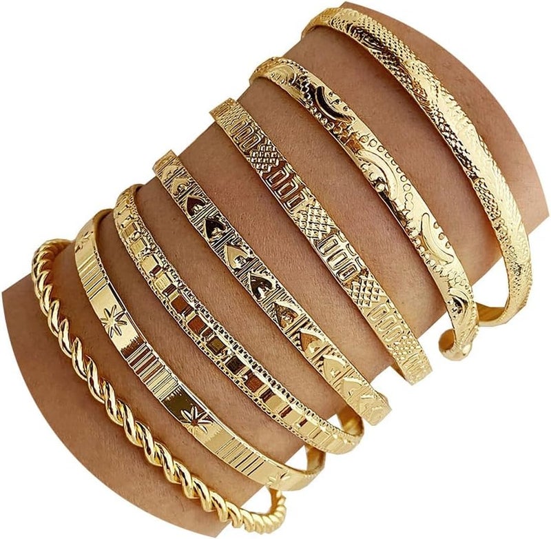 Azonee 14k Gold Plated Bangle Bracelets for Women - Stackable Multi-Layer Cuff Set with Minimalist Textured Design, Trendy Boho Jewelry Gift for Her - Image 1