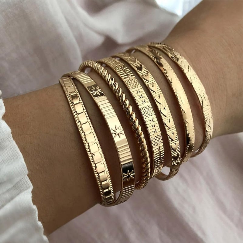 Azonee 14k Gold Plated Bangle Bracelets for Women - Stackable Multi-Layer Cuff Set with Minimalist Textured Design, Trendy Boho Jewelry Gift for Her - Image 2