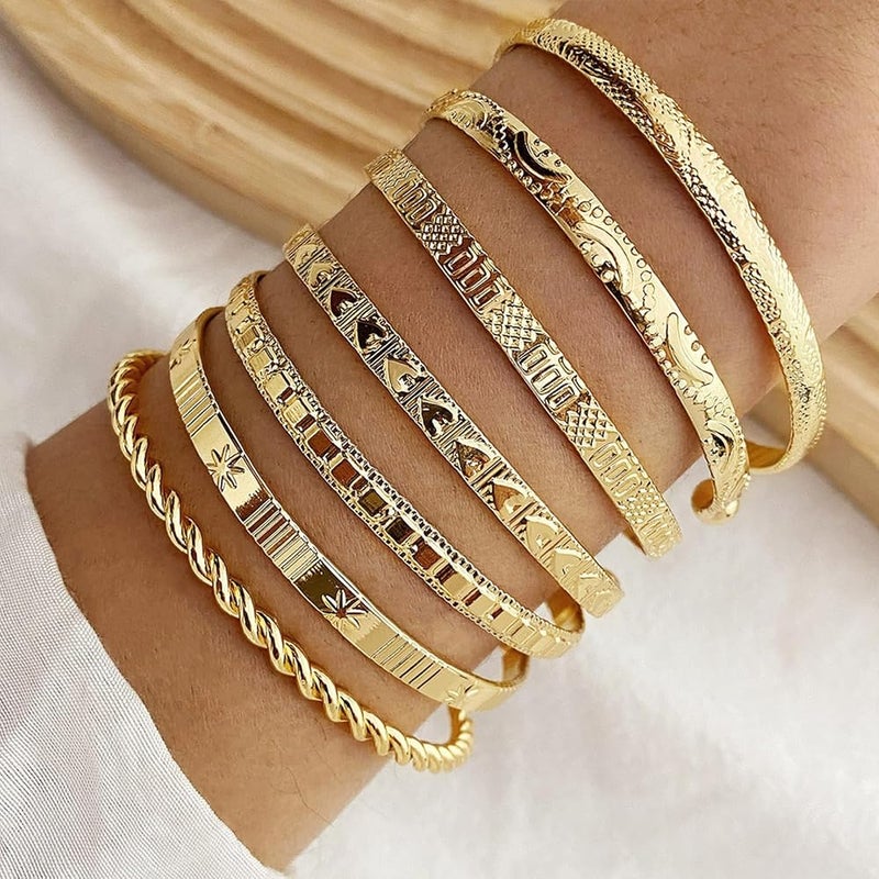 Azonee 14k Gold Plated Bangle Bracelets for Women - Stackable Multi-Layer Cuff Set with Minimalist Textured Design, Trendy Boho Jewelry Gift for Her - Image 3