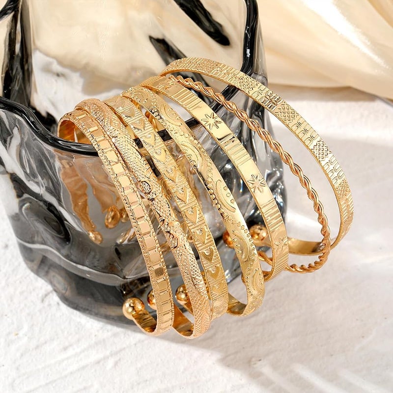 Azonee 14k Gold Plated Bangle Bracelets for Women - Stackable Multi-Layer Cuff Set with Minimalist Textured Design, Trendy Boho Jewelry Gift for Her - Image 4