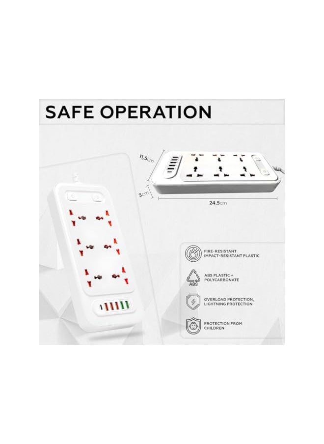 PROMASS promass 3000W 2m Power Strip Extension Cord & Bar 6 UK Outlets 5 USB 1 USB-C Multiple Surge Protector with Charging Socket Universal Extension Lead Wire for Home Work Study Office Kitchen  - Image 4
