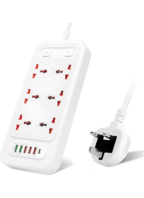 promass 3000W 2m Power Strip Extension Cord & Bar 6 UK Outlets 5 USB 1 USB-C Multiple Surge Protector with Charging Socket Universal Extension Lead Wire for Home Work Study Office Kitchen