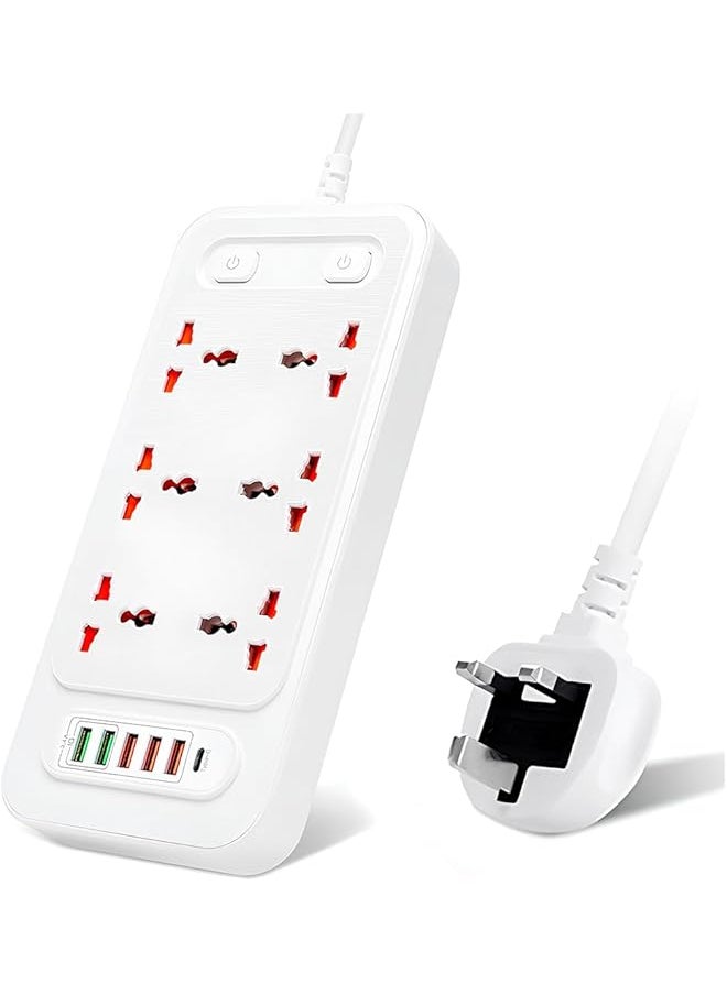 PROMASS promass 3000W 2m Power Strip Extension Cord & Bar 6 UK Outlets 5 USB 1 USB-C Multiple Surge Protector with Charging Socket Universal Extension Lead Wire for Home Work Study Office Kitchen  - Image 1