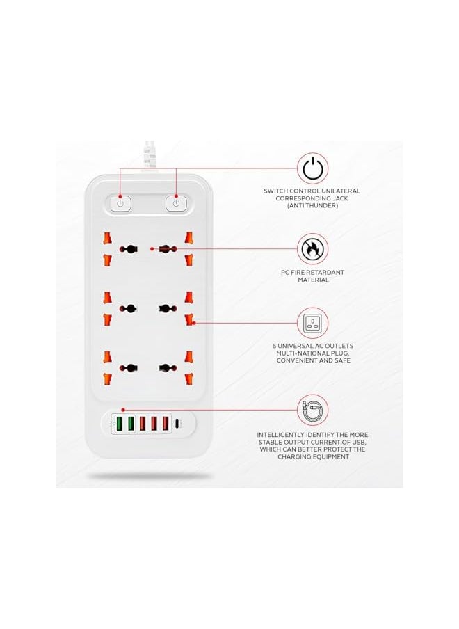PROMASS promass 3000W 2m Power Strip Extension Cord & Bar 6 UK Outlets 5 USB 1 USB-C Multiple Surge Protector with Charging Socket Universal Extension Lead Wire for Home Work Study Office Kitchen  - Image 2