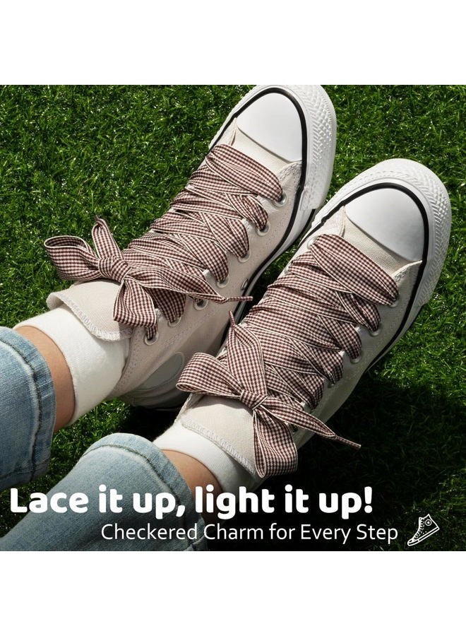 Puzeam 2 Pairs Fancy Ribbon Shoe Laces for Trainers 25mm Wide Flat Checkered Shoelaces for Boots, H-beige Brown, 140 - Image 3