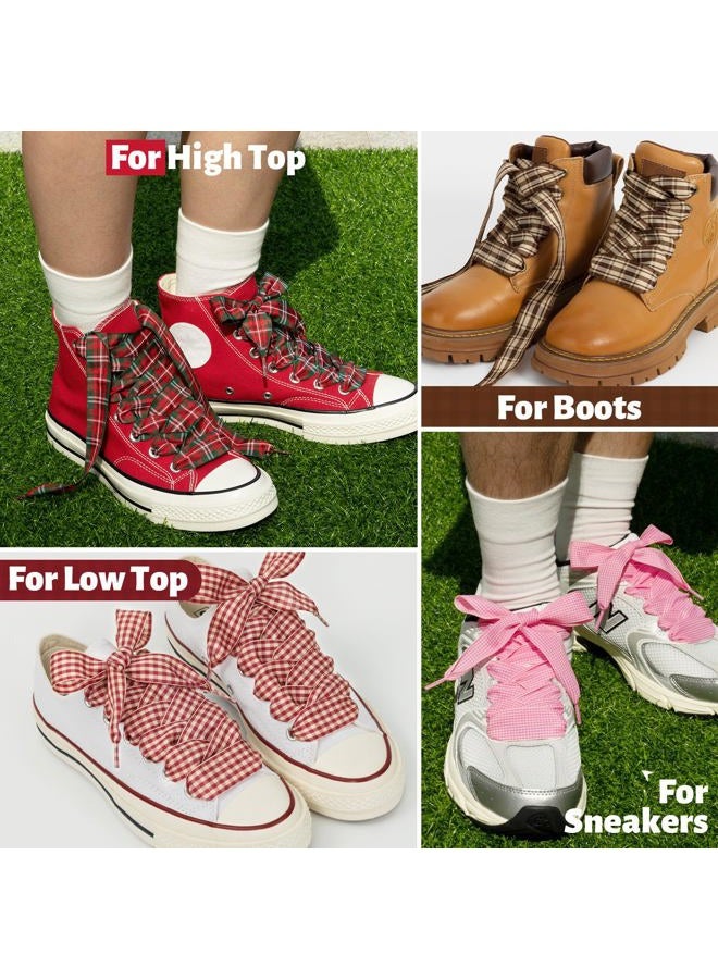 Puzeam 2 Pairs Fancy Ribbon Shoe Laces for Trainers 25mm Wide Flat Checkered Shoelaces for Boots, H-beige Brown, 140 - Image 5