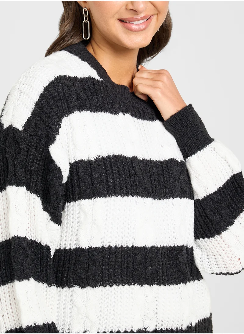 جينجر Monochrome Stripe Cable Knit Sweater