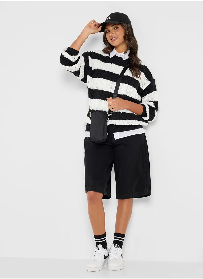 جينجر Monochrome Stripe Cable Knit Sweater
