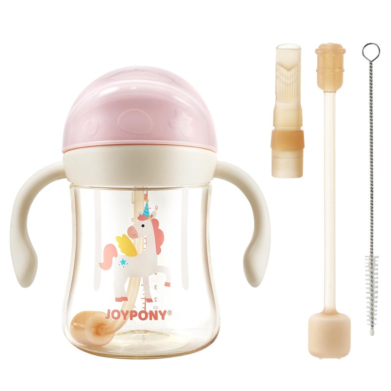 Joypony Sippy Cups for Toddlers 1-3, Spill Proof Weighted Straw Cup with Handle for Baby 6 Months + old, 2 Silicone Straws, PPSU, BPA Free, 9 oz (Pink) - Image 1