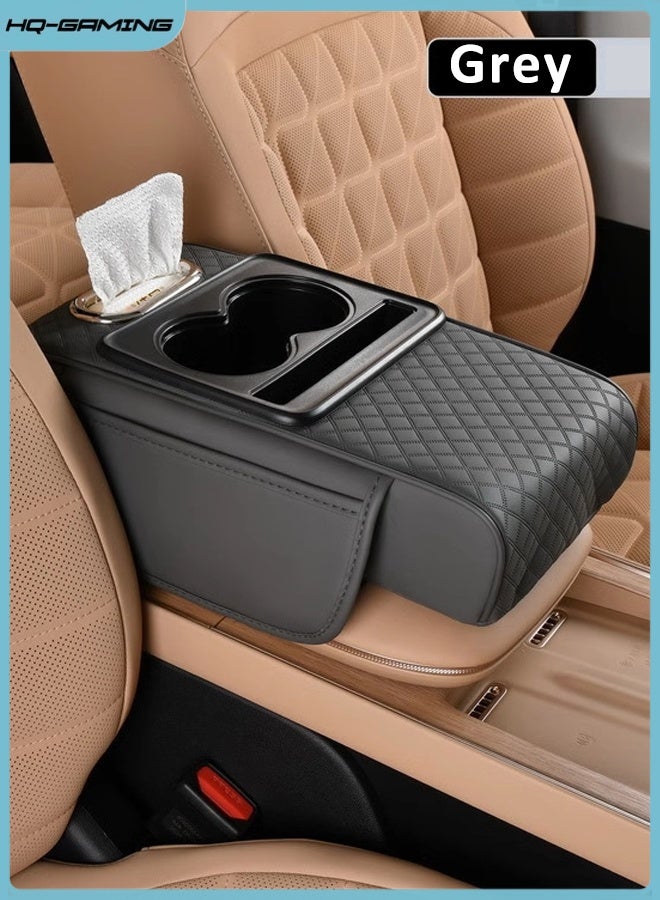 إتش كيو جيمنغ غطاء مسند ذراع السيارة، غطاء مسند ذراع السيارة، غطاء وحدة التحكم المركزية مع حامل أكواب، 2 وحدة تخزين، مسند ذراع وحدة التحكم المركزية، مزخرف بالجلد من الفينيل، وسادة مسند ذراع السيارة مضادة للخدش، مناسب لمعظم المركبات، سيارات الدفع الرباعي، رمادي - Image 1