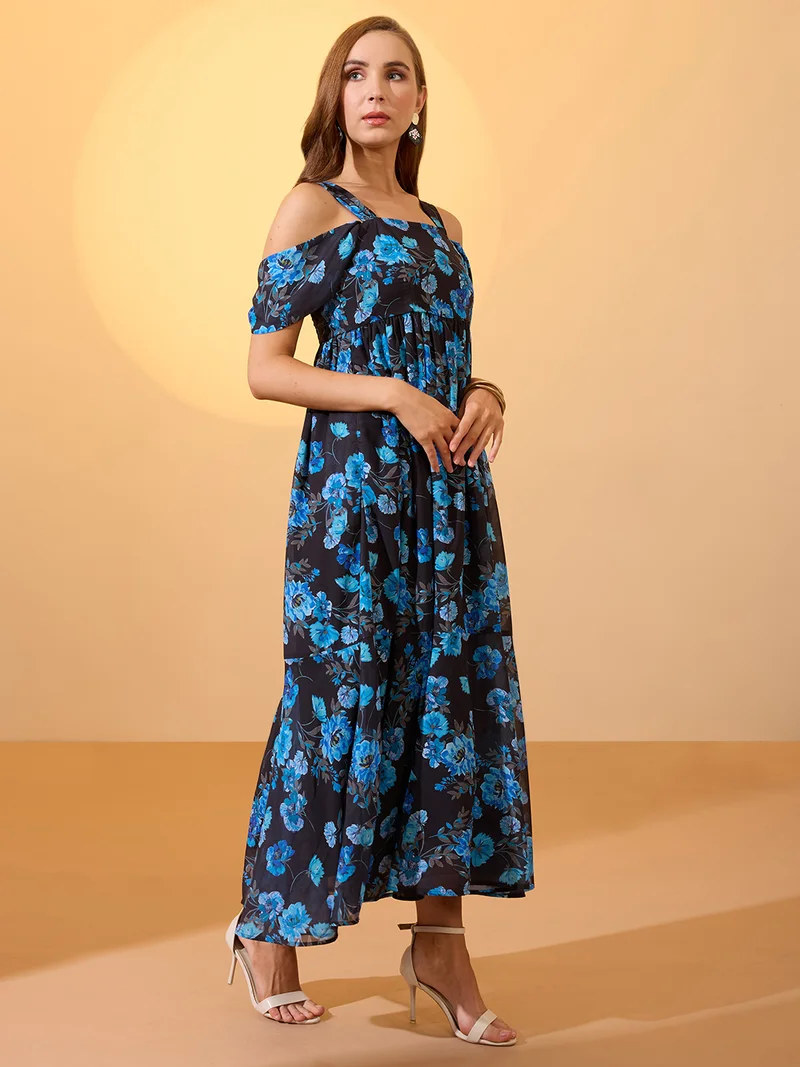 globus Globus Women Blue Floral Printed Square Neck Cold Shoulder Sleeves Smocked Fit & Flare Maxi Dress