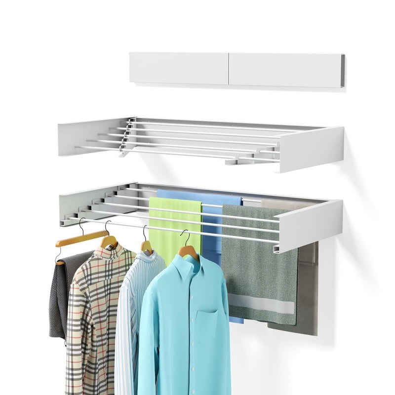 Laundry Drying Rack Collapsible Wall Mounted Clothes Drying Rack 315 Wide 132 Linear Ft 5 Aluminum Rods 60 lb Capacity Laundry Racks for Drying Clothes with Wall TemplateWhite 315