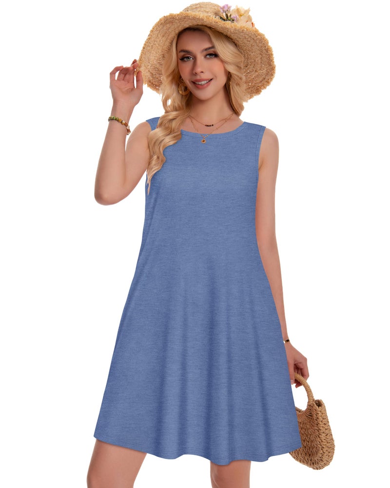 elescat Summer Dresses for Women Beach Boho Sleeveless Vintage Floral Flowy Pocket Tshirt Tank Sundresses(Haze Blue, L) - Image 3