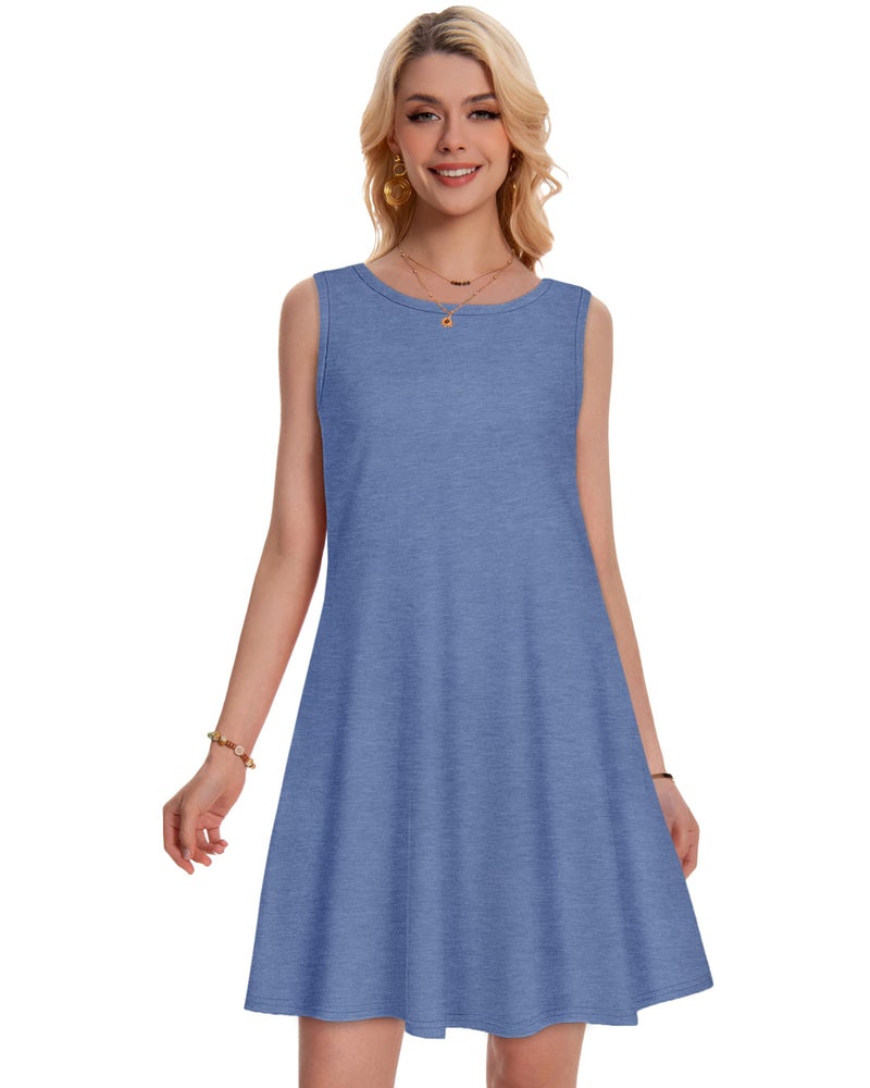 elescat Summer Dresses for Women Beach Boho Sleeveless Vintage Floral Flowy Pocket Tshirt Tank Sundresses(Haze Blue, L) - Image 5
