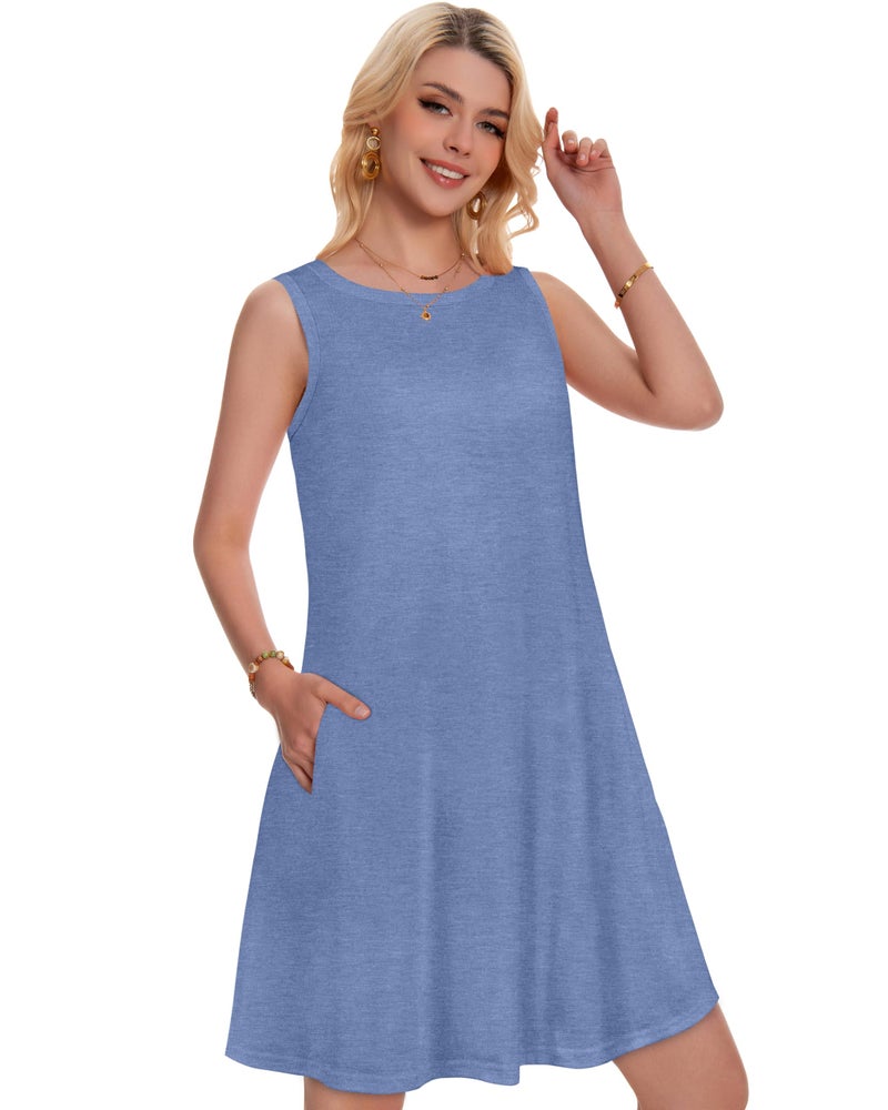 elescat Summer Dresses for Women Beach Boho Sleeveless Vintage Floral Flowy Pocket Tshirt Tank Sundresses(Haze Blue, L) - Image 2