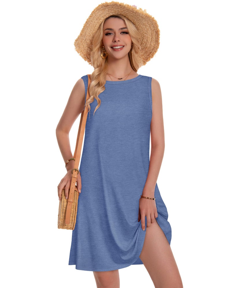elescat Summer Dresses for Women Beach Boho Sleeveless Vintage Floral Flowy Pocket Tshirt Tank Sundresses(Haze Blue, L) - Image 4